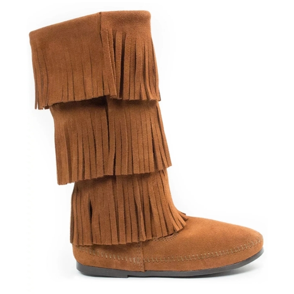 Minnetonka Three Layer Fringe Boots in Brown - Picture 2 of 16
